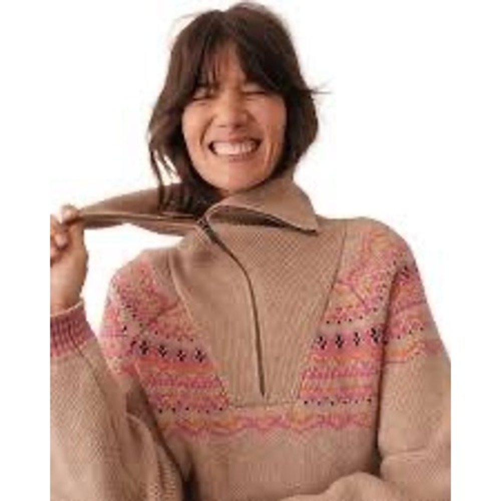 Marine Layer Archive Whitney Fair Isle Sweater Women Small Tan Pink Quarter Zip